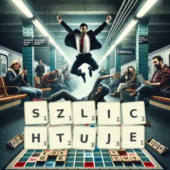 Kreatywna ilustracja do gry w Scrabble ze słowem SZLICHTUJE ułożonym z płytek na planszy.