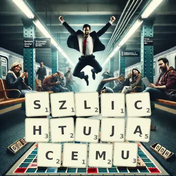 Kreatywna ilustracja do gry w Scrabble ze słowem SZLICHTUJĄCEMU ułożonym z płytek na planszy.