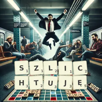 Kreatywna ilustracja do gry w Scrabble ze słowem SZLICHTUJĘ ułożonym z płytek na planszy.