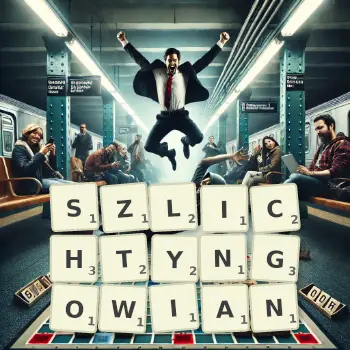 Kreatywna ilustracja do gry w Scrabble ze słowem SZLICHTYNGOWIAN ułożonym z płytek na planszy.