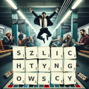 Kreatywna ilustracja do gry w Scrabble ze słowem SZLICHTYNGOWSCY ułożonym z płytek na planszy.