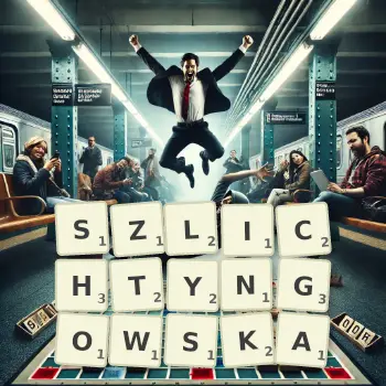 Kreatywna ilustracja do gry w Scrabble ze słowem SZLICHTYNGOWSKA ułożonym z płytek na planszy.