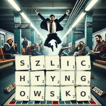Kreatywna ilustracja do gry w Scrabble ze słowem SZLICHTYNGOWSKO ułożonym z płytek na planszy.
