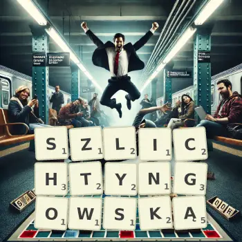 Kreatywna ilustracja do gry w Scrabble ze słowem SZLICHTYNGOWSKĄ ułożonym z płytek na planszy.