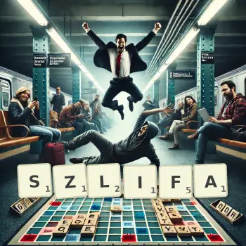 Kreatywna ilustracja do gry w Scrabble ze słowem SZLIFA ułożonym z płytek na planszy.