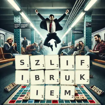 Kreatywna ilustracja do gry w Scrabble ze słowem SZLIFIBRUKIEM ułożonym z płytek na planszy.