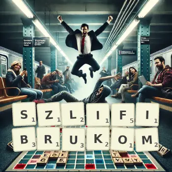 Kreatywna ilustracja do gry w Scrabble ze słowem SZLIFIBRUKOM ułożonym z płytek na planszy.