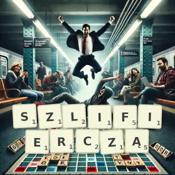 Kreatywna ilustracja do gry w Scrabble ze słowem SZLIFIERCZĄ ułożonym z płytek na planszy.