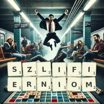 Kreatywna ilustracja do gry w Scrabble ze słowem SZLIFIERNIOM ułożonym z płytek na planszy.