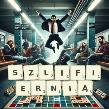 Kreatywna ilustracja do gry w Scrabble ze słowem SZLIFIERNIĄ ułożonym z płytek na planszy.