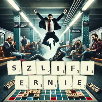 Kreatywna ilustracja do gry w Scrabble ze słowem SZLIFIERNIĘ ułożonym z płytek na planszy.
