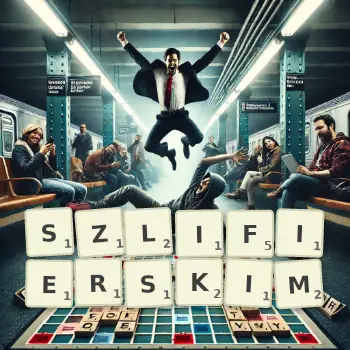 Kreatywna ilustracja do gry w Scrabble ze słowem SZLIFIERSKIM ułożonym z płytek na planszy.