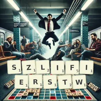 Kreatywna ilustracja do gry w Scrabble ze słowem SZLIFIERSTW ułożonym z płytek na planszy.