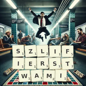 Kreatywna ilustracja do gry w Scrabble ze słowem SZLIFIERSTWAMI ułożonym z płytek na planszy.