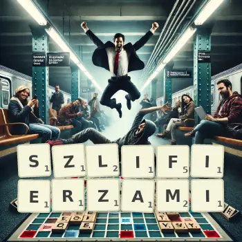 Kreatywna ilustracja do gry w Scrabble ze słowem SZLIFIERZAMI ułożonym z płytek na planszy.