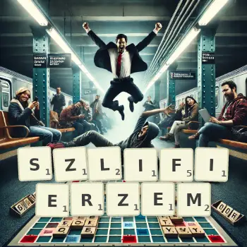 Kreatywna ilustracja do gry w Scrabble ze słowem SZLIFIERZEM ułożonym z płytek na planszy.