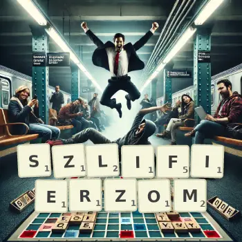 Kreatywna ilustracja do gry w Scrabble ze słowem SZLIFIERZOM ułożonym z płytek na planszy.