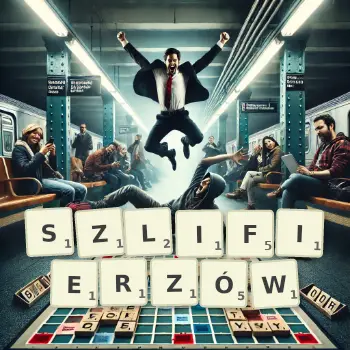 Kreatywna ilustracja do gry w Scrabble ze słowem SZLIFIERZÓW ułożonym z płytek na planszy.