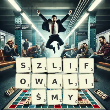 Kreatywna ilustracja do gry w Scrabble ze słowem SZLIFOWALIŚMY ułożonym z płytek na planszy.