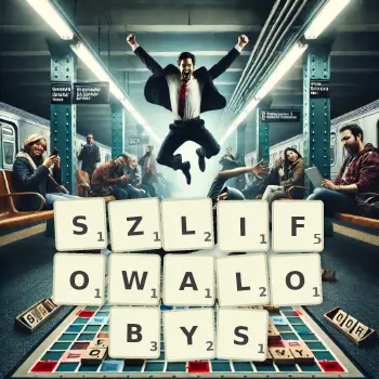 Kreatywna ilustracja do gry w Scrabble ze słowem SZLIFOWALOBYS ułożonym z płytek na planszy.