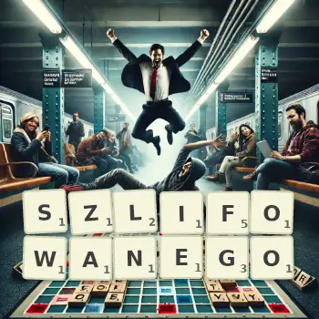 Kreatywna ilustracja do gry w Scrabble ze słowem SZLIFOWANEGO ułożonym z płytek na planszy.