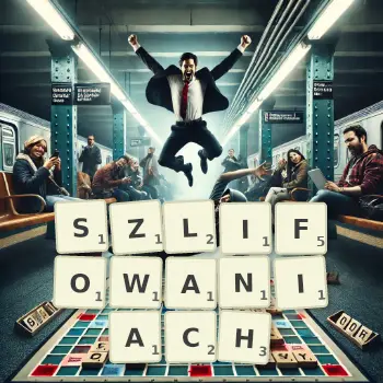 Kreatywna ilustracja do gry w Scrabble ze słowem SZLIFOWANIACH ułożonym z płytek na planszy.