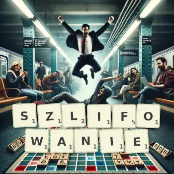 Kreatywna ilustracja do gry w Scrabble ze słowem SZLIFOWANIE ułożonym z płytek na planszy.