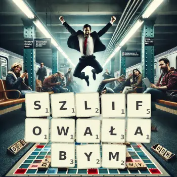 Kreatywna ilustracja do gry w Scrabble ze słowem SZLIFOWAŁABYM ułożonym z płytek na planszy.