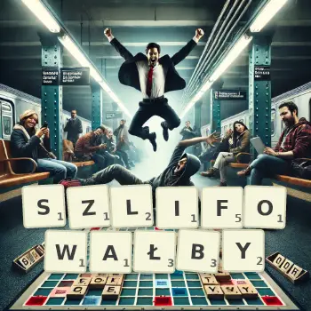 Kreatywna ilustracja do gry w Scrabble ze słowem SZLIFOWAŁBY ułożonym z płytek na planszy.