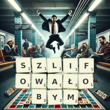 Kreatywna ilustracja do gry w Scrabble ze słowem SZLIFOWAŁOBYM ułożonym z płytek na planszy.