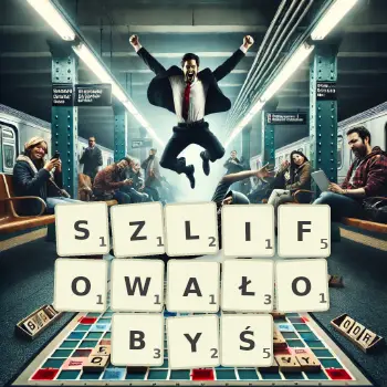 Kreatywna ilustracja do gry w Scrabble ze słowem SZLIFOWAŁOBYŚ ułożonym z płytek na planszy.