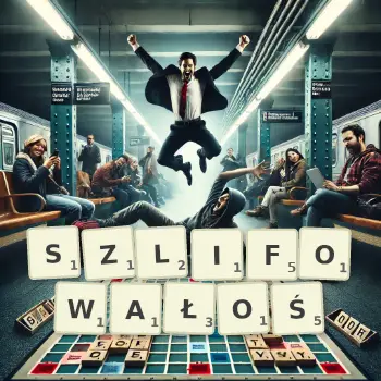 Kreatywna ilustracja do gry w Scrabble ze słowem SZLIFOWAŁOŚ ułożonym z płytek na planszy.