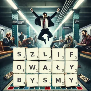 Kreatywna ilustracja do gry w Scrabble ze słowem SZLIFOWAŁYBYŚMY ułożonym z płytek na planszy.