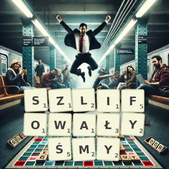 Kreatywna ilustracja do gry w Scrabble ze słowem SZLIFOWAŁYŚMY ułożonym z płytek na planszy.