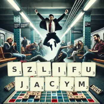 Kreatywna ilustracja do gry w Scrabble ze słowem SZLIFUJACYM ułożonym z płytek na planszy.