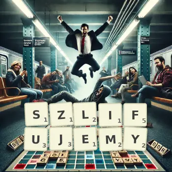 Kreatywna ilustracja do gry w Scrabble ze słowem SZLIFUJEMY ułożonym z płytek na planszy.