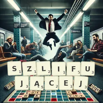 Kreatywna ilustracja do gry w Scrabble ze słowem SZLIFUJĄCEJ ułożonym z płytek na planszy.