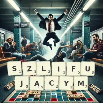 Kreatywna ilustracja do gry w Scrabble ze słowem SZLIFUJĄCYM ułożonym z płytek na planszy.
