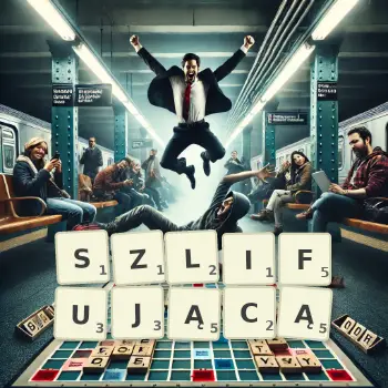 Kreatywna ilustracja do gry w Scrabble ze słowem SZLIFUJĄCĄ ułożonym z płytek na planszy.