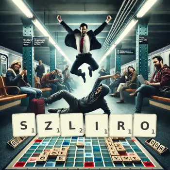 Kreatywna ilustracja do gry w Scrabble ze słowem SZLIRO ułożonym z płytek na planszy.