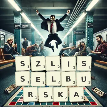 Kreatywna ilustracja do gry w Scrabble ze słowem SZLISSELBURSKA ułożonym z płytek na planszy.