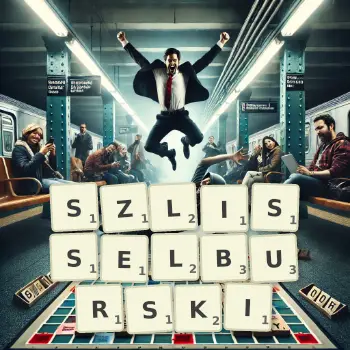 Kreatywna ilustracja do gry w Scrabble ze słowem SZLISSELBURSKI ułożonym z płytek na planszy.