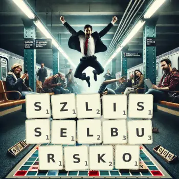 Kreatywna ilustracja do gry w Scrabble ze słowem SZLISSELBURSKO ułożonym z płytek na planszy.