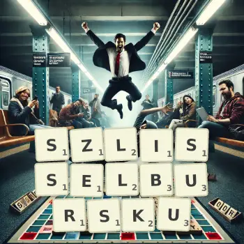 Kreatywna ilustracja do gry w Scrabble ze słowem SZLISSELBURSKU ułożonym z płytek na planszy.