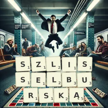 Kreatywna ilustracja do gry w Scrabble ze słowem SZLISSELBURSKĄ ułożonym z płytek na planszy.