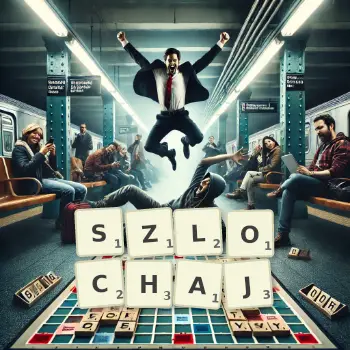 Kreatywna ilustracja do gry w Scrabble ze słowem SZLOCHAJ ułożonym z płytek na planszy.