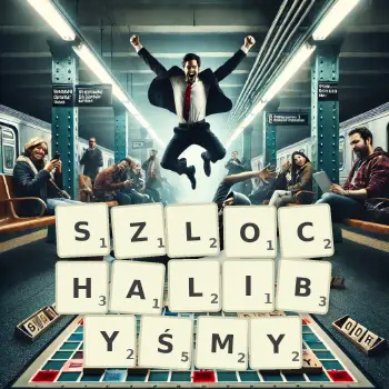 Kreatywna ilustracja do gry w Scrabble ze słowem SZLOCHALIBYŚMY ułożonym z płytek na planszy.