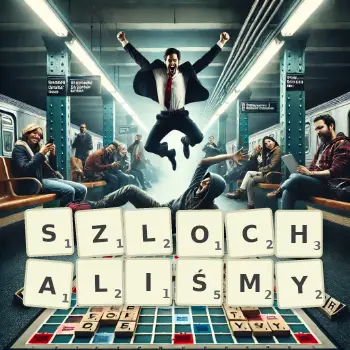 Kreatywna ilustracja do gry w Scrabble ze słowem SZLOCHALIŚMY ułożonym z płytek na planszy.
