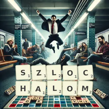 Kreatywna ilustracja do gry w Scrabble ze słowem SZLOCHALOM ułożonym z płytek na planszy.