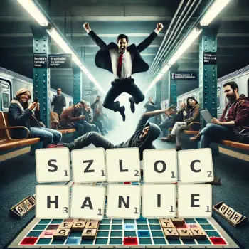Kreatywna ilustracja do gry w Scrabble ze słowem SZLOCHANIE ułożonym z płytek na planszy.